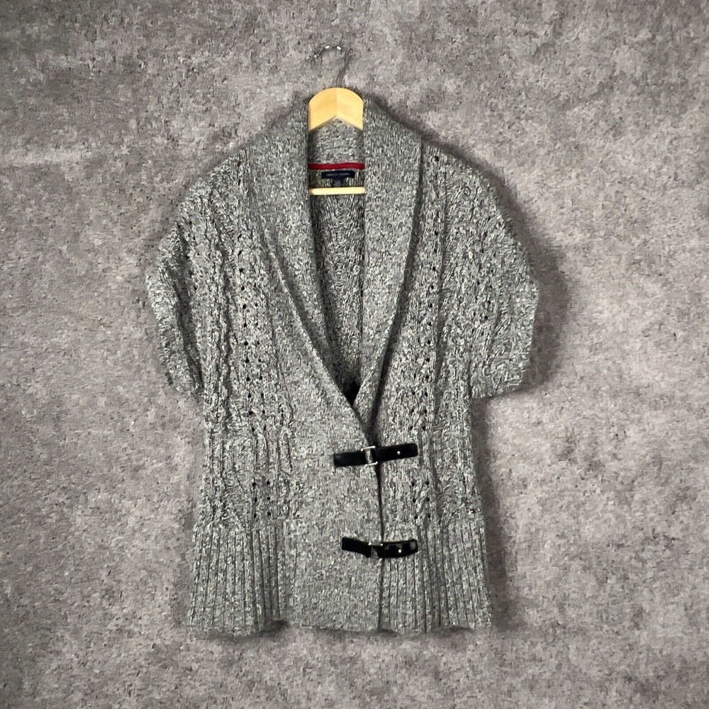 Tommy Hilfiger Sweater Womens Large Gray Short Sleeve Cardigan V-Neck Cotton